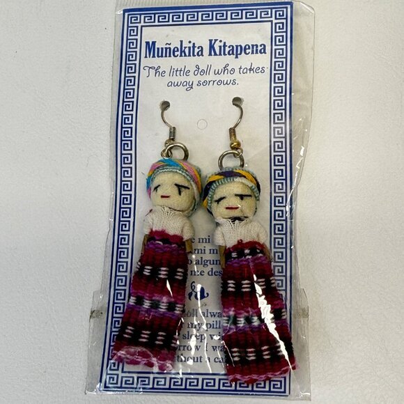 Guatemalan Worry Doll Earrings New Handmade Mexico Los Cinco‎ Soles - Picture 1 of 8